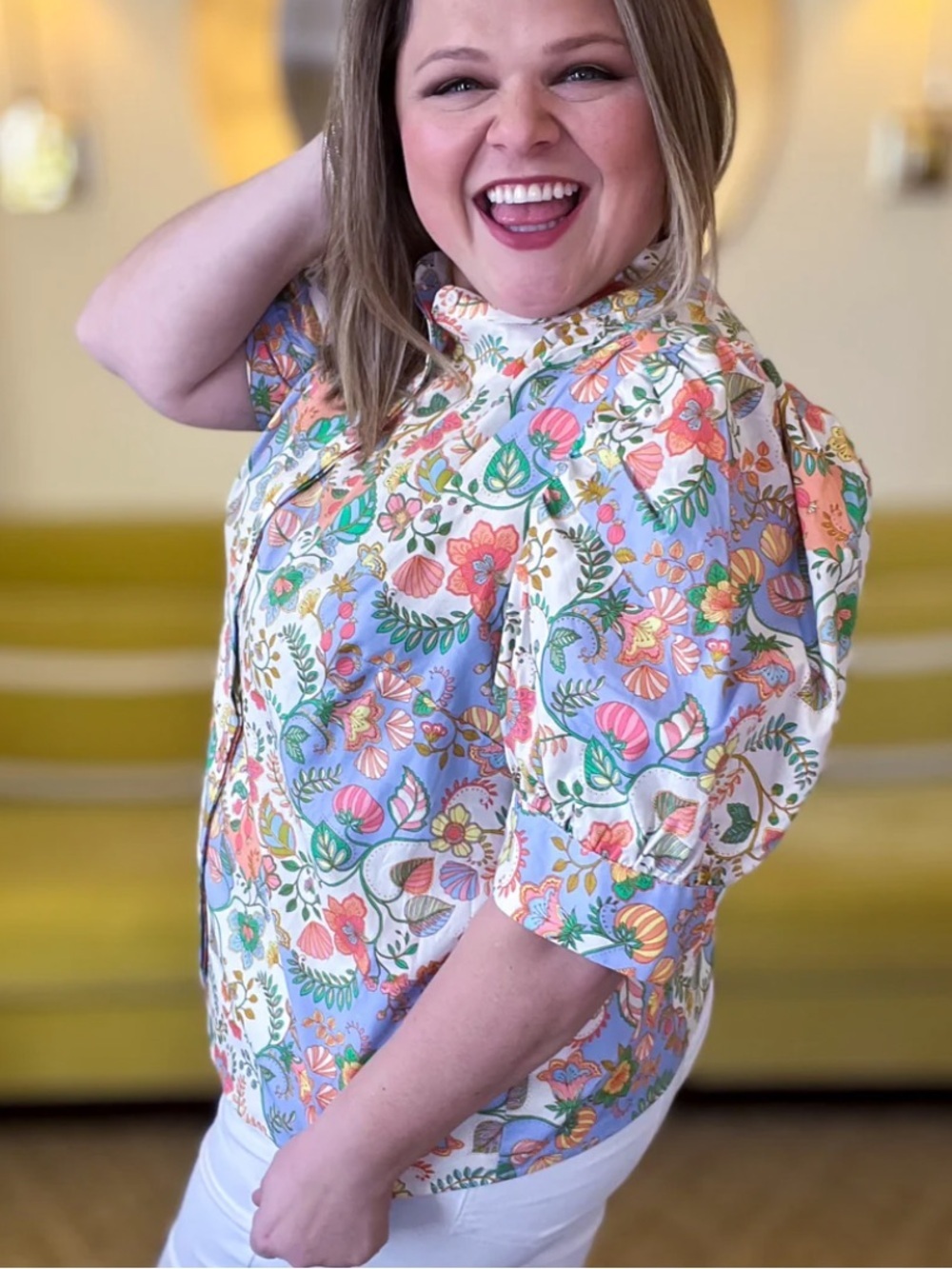 Sugarlips Floral Puff Sleeve Button-Back Blouse - Pastel Multicolor - Picture 3 of 11